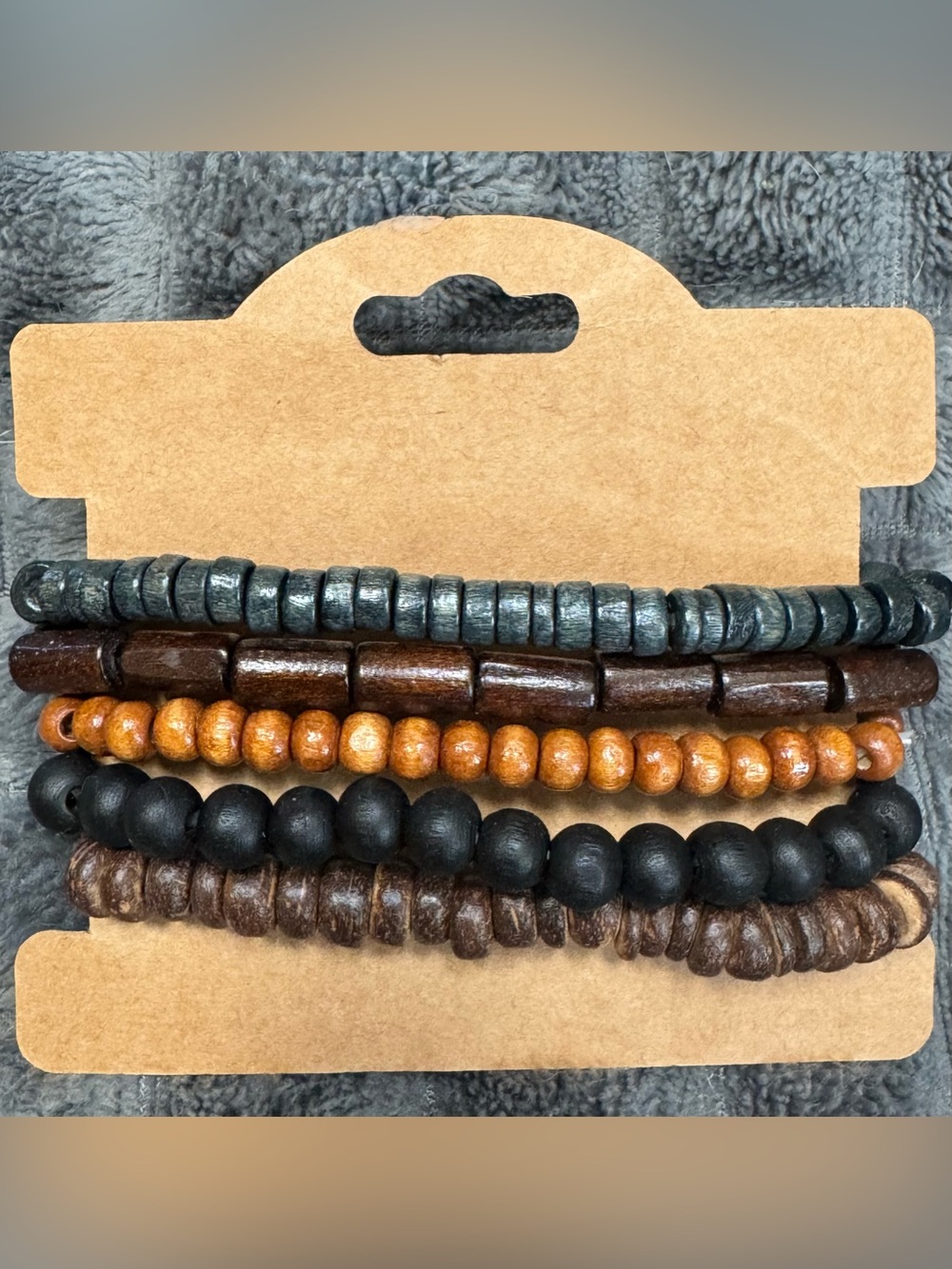 ❤️Wood Bead Bracelet Set of 5 Black Dark Brown Tan Chestnut Natural Boho Look